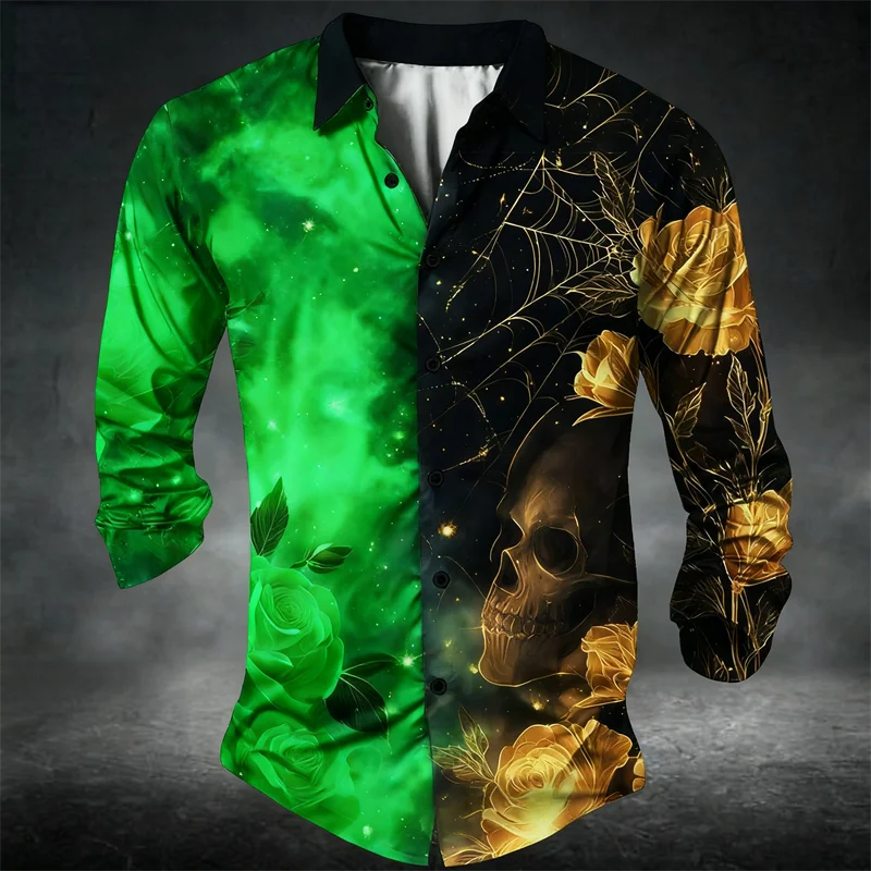 New men's long sleeved 3D skull print rose creative fashion collar shirt button loose long sleeved shirt top
