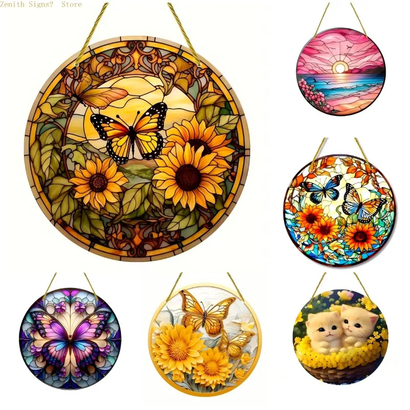 Eleganter Schmetterlings- und Blumen-Acrylkunst – lebendiger runder Sonnenfänger mit Buntglaseffekt, ein bezauberndes Geschenk für Garten und Zuhause