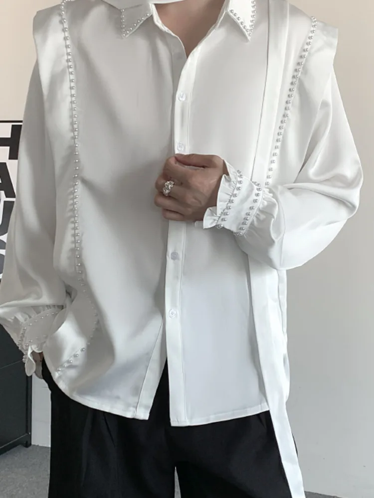 New Fashion Men Shirt Turn-down Collar Solid Color Ribbon Long Sleeve Pearl Decoration Single Breasted Loose Male Top MNHY8