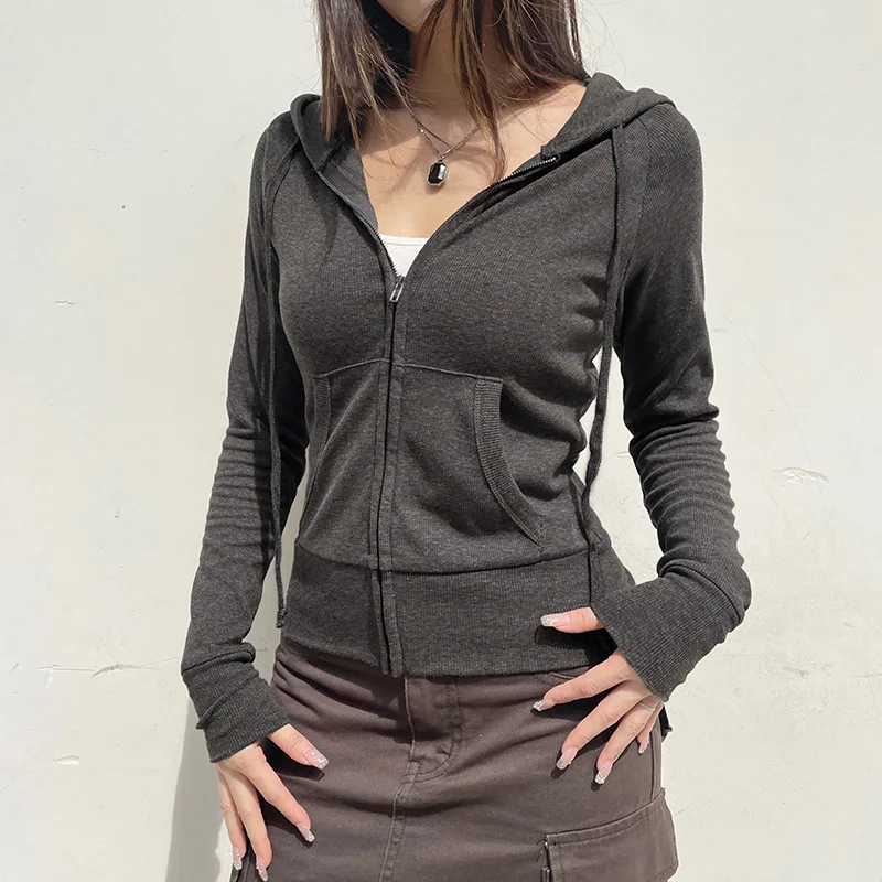 Autumn Winter Women's Hoodie Fashion Casual Zipper Cardigan Coat Top Spice Girl Solid Color Slim Fit Ribbed Drawstring Hoodie