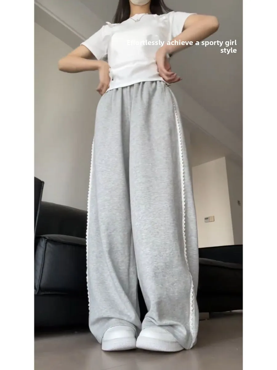 بنطلون أمريكي عالي الخصر وواسع الساق مزين بالدانتيل كاجوال بنطال رياضي مستقيم بطول الأرض للنساء #2