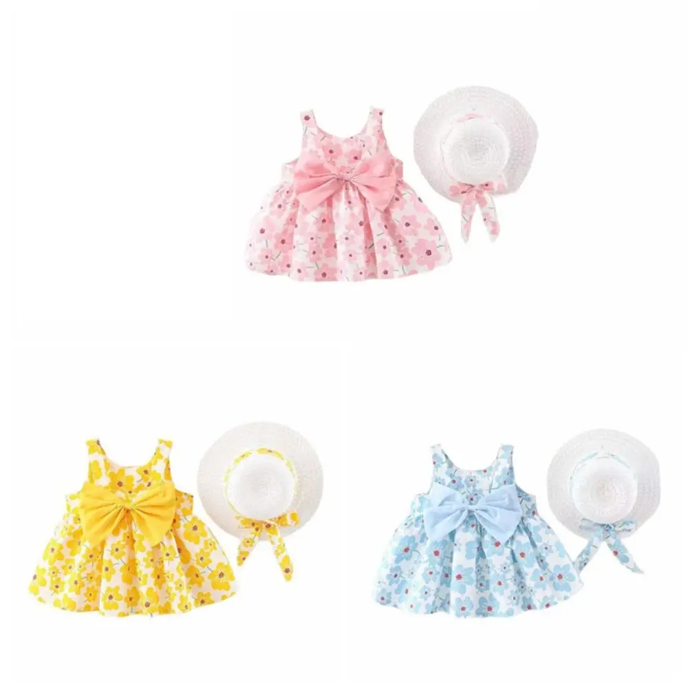 فستان الأميرة الأنيق للفتيات الصغيرات بعقدة على شكل فيونكة فستان صيفي من القطن مزين بالزهور مع قبعة فستان جميل فضفاض للأطفال على شكل زهرة لقضاء عطلة على الشاطئ