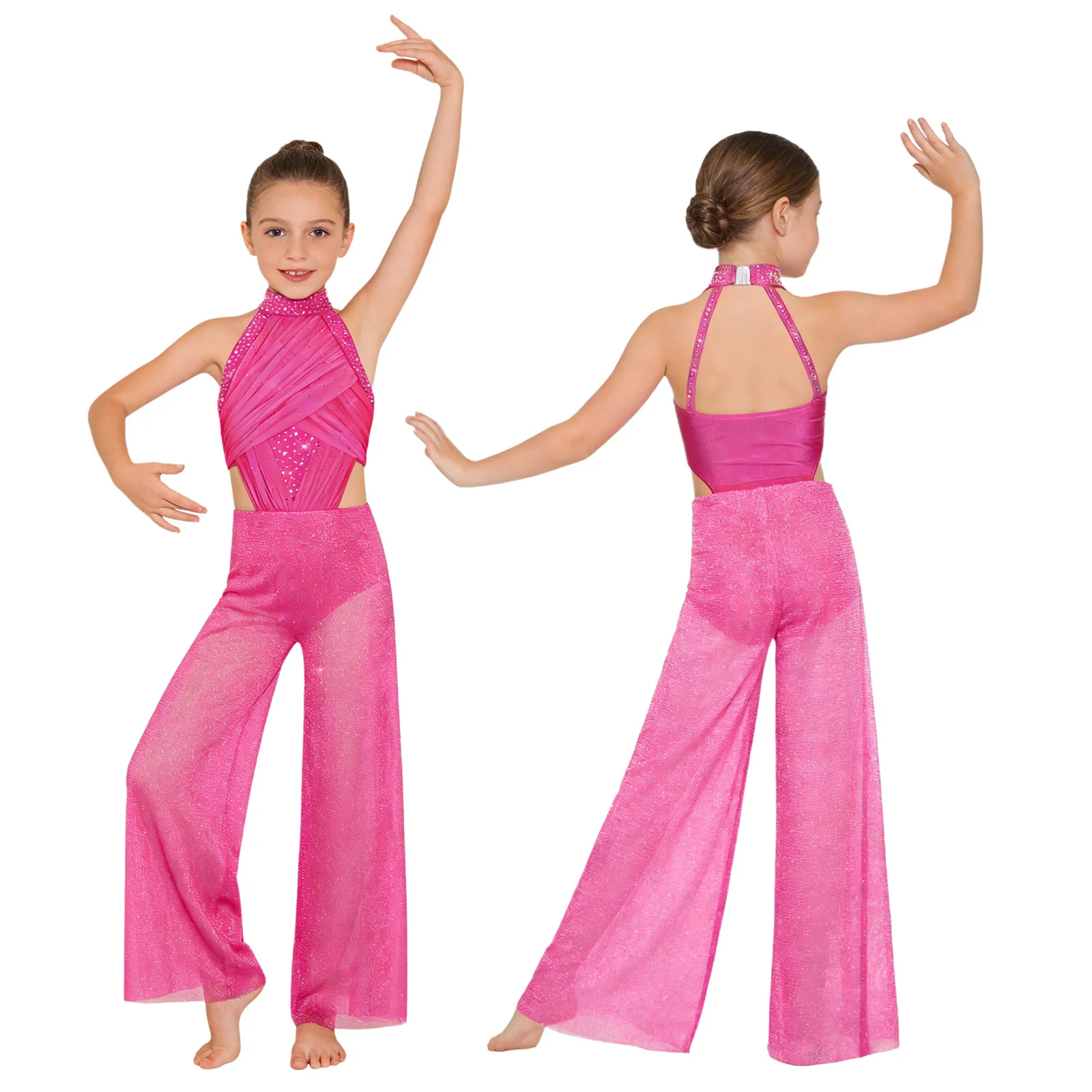 Meisjes moderne lyrische dansvoorstelling jumpsuit glanzende mesh strass steentjes latin schaatsen gymnastiek acrobatiek bodysuit danskleding