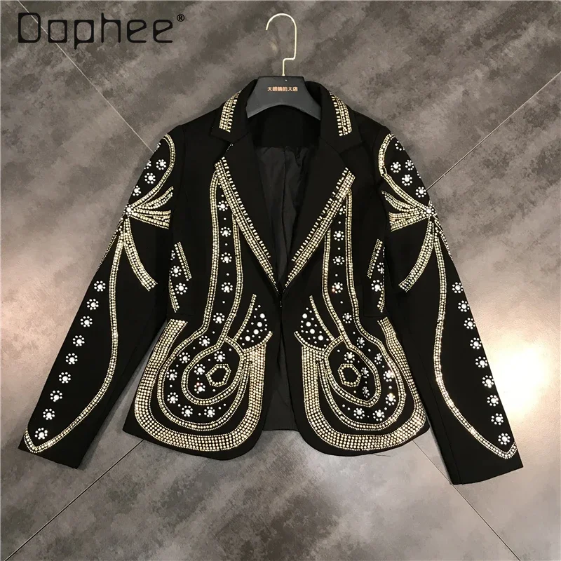 

Gold Rhinestone Blazer Jackets Women Heavy Industry Slim Lapel Suit Jacket Fashion Ladies Blazers Coat Luxury Black Chic Design