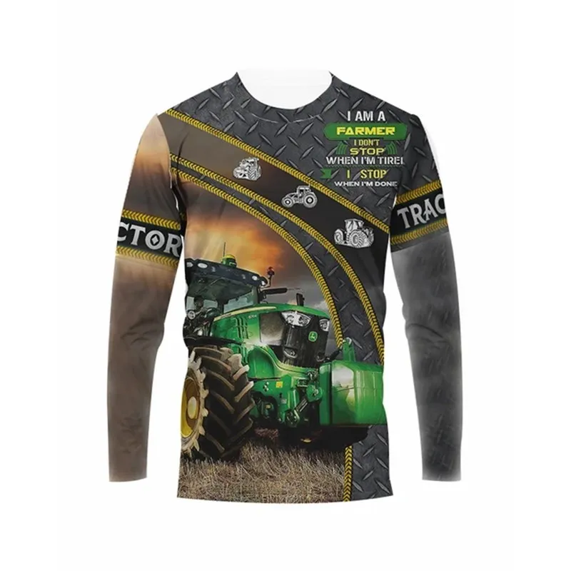 3D Print Farm Tractor Pattern Autumn Men\'s O-Neck Casual Long Sleeve T-shirt Oversized Pullover Fashion Streetwear Men Clothing