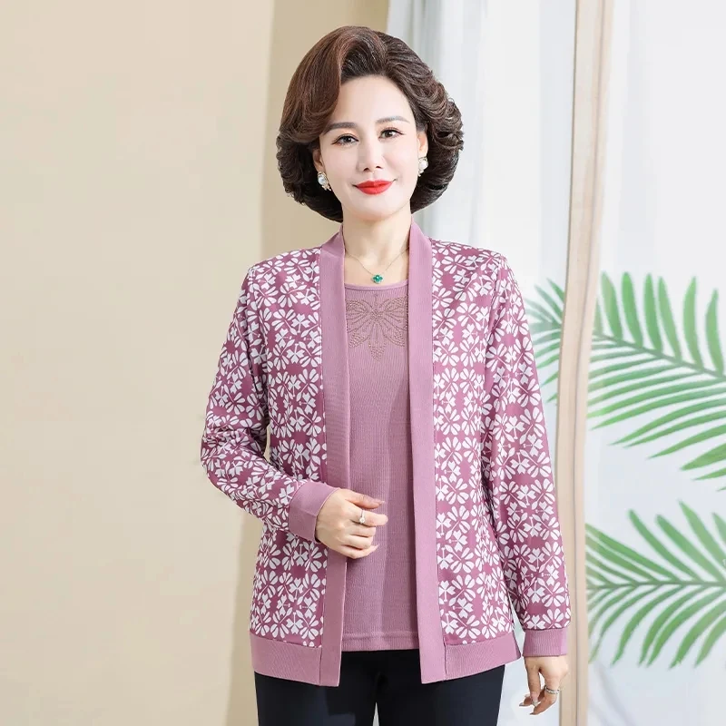 Middle Aged Mother Long Sleeve Cardigan Shirts 2PCS Spring Autumn Fashion Women Knitted T-shirt Tops And Pants Suits Female 3PCS