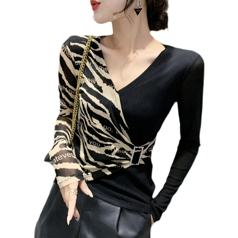 Sexy V-Ne Cross Long Sve T-Shirt Damen Me Top Faionable Leopardenmuster Base IRT Sli Slim Fit Herbst Winter
