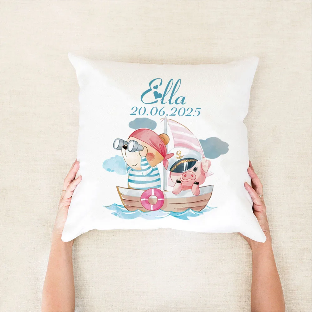 (أكياس الوسائد فقط) كيس وسادة مخصص باسم وتاريخ الميلاد، مناسب للاحتفال بعمودية أو حديثي الولادة، حوت لطيف