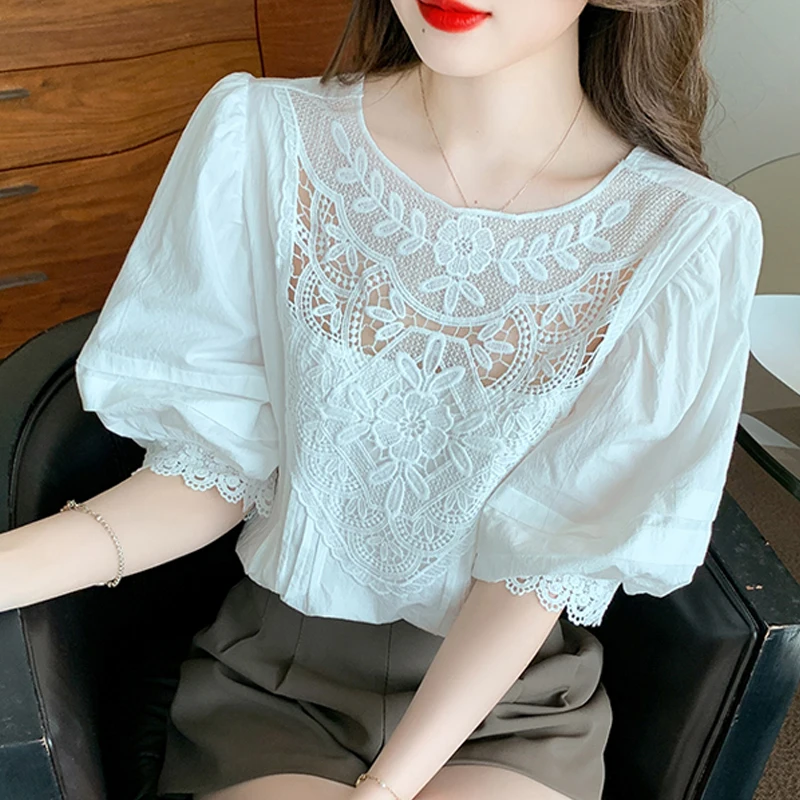 Sexy Summer Hollow Lace Crochet Shirt Women 2023 Elegant Vintage Stylish Blouse Woman Casual White Loose Short Sleeve Tops 27448