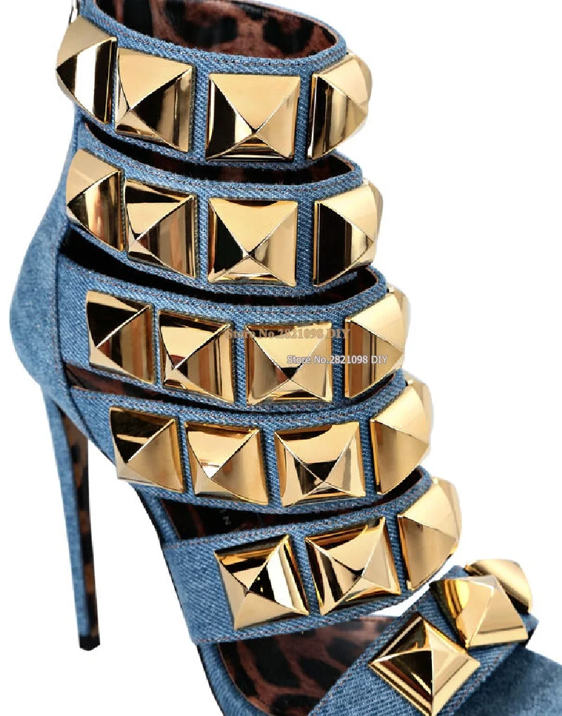 Denim Open-Toe Strap Ankle Boots with Studs Women Stiletto Heeled Summer Party Shoes Open Toe Thin Heel High Heels