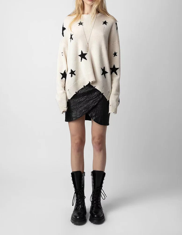 

Women's Knit Sweater Star Pattern Ripped Loose Tops Round Neck Long Sleeve Autumn Long Sleeve Fashion Casual Pullover Sweater