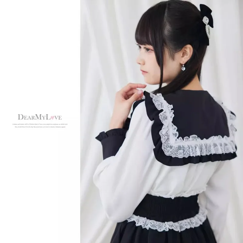 New Japanese Lolita Style Sweet Long Sleeve Shirt Bow Love Diamond Lace Edge Cute Blouse College Style Slimming White Top Female