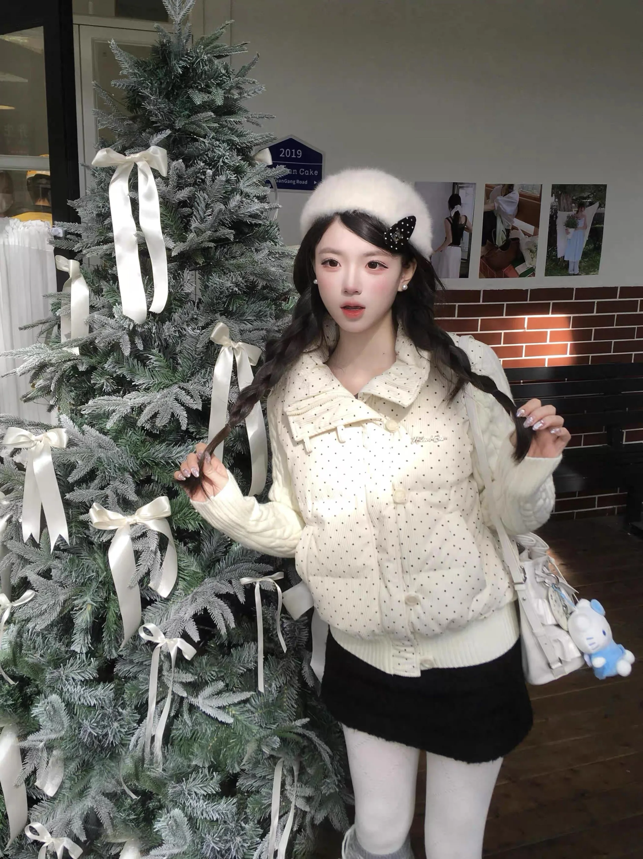 

Thiened Cotton Jaet Women's Polka Dot Bread Sle Coat Warm Winter Outerwear Korean Loose Fit Long Sve Stand Collar