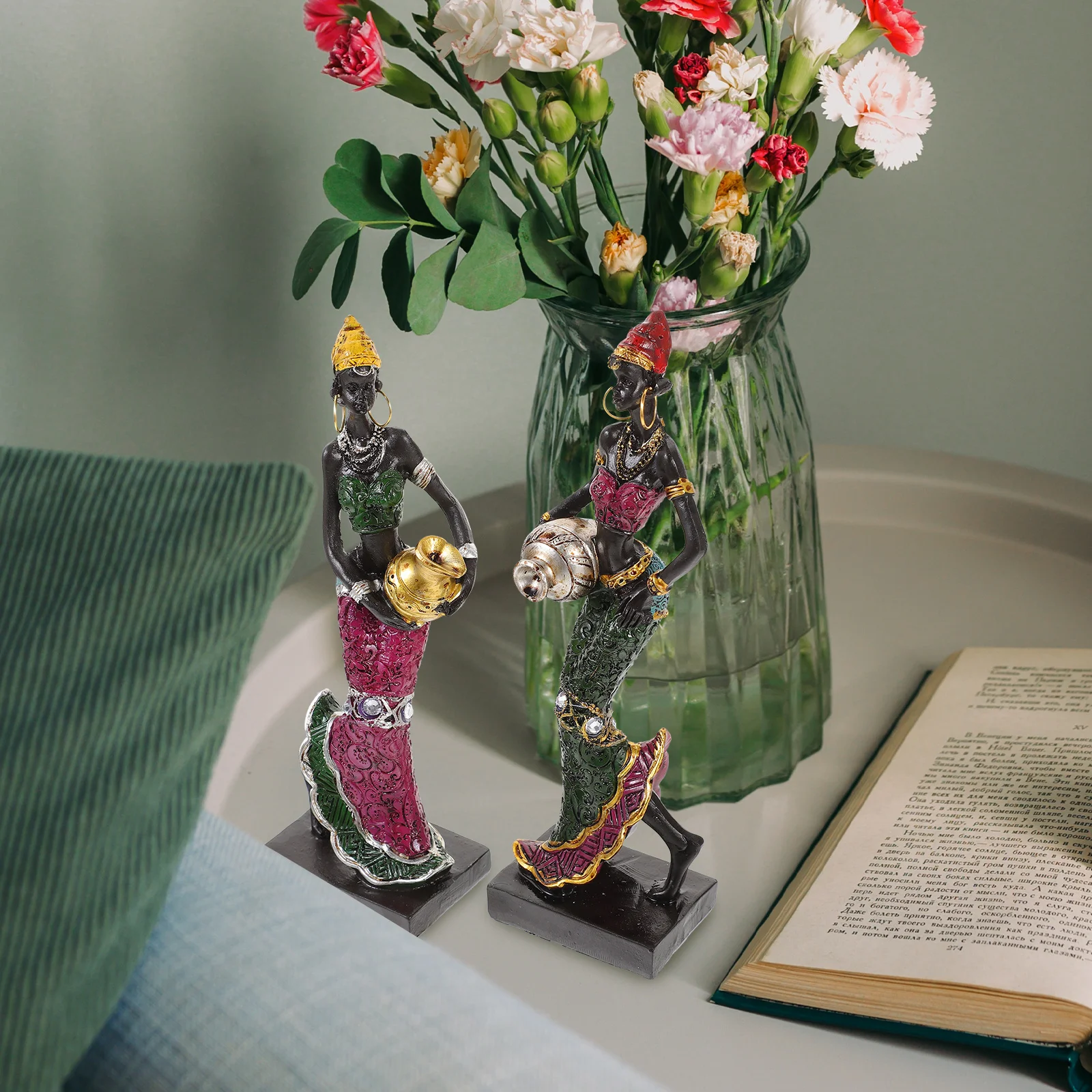 

2Pcs African Lady Sculpture Resin Art Piece Tribal Women Statue Home Office Garden Decor Thanksgiving Christmas Gift