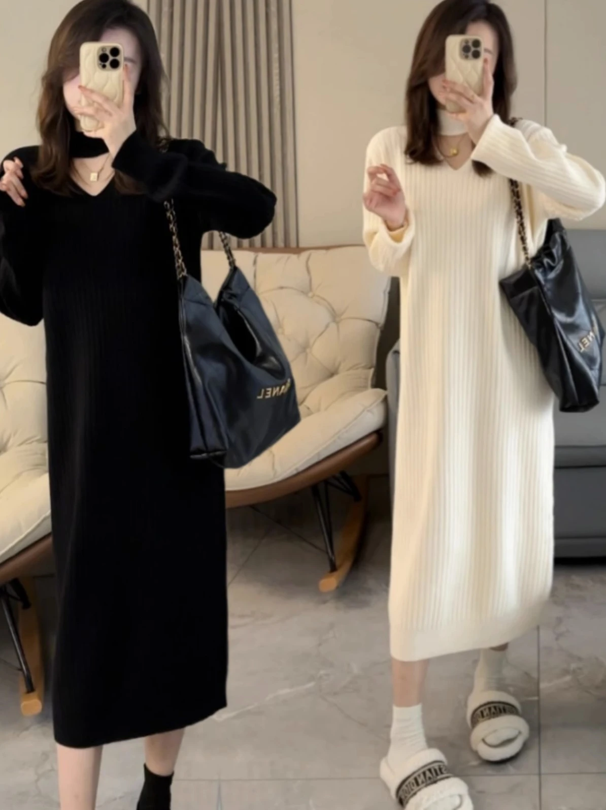 

Halter European and American Women's Spring and Autumn Knitted Tight and Sexy Buttocks Wrapped Solid Mid Length Dress CQ297