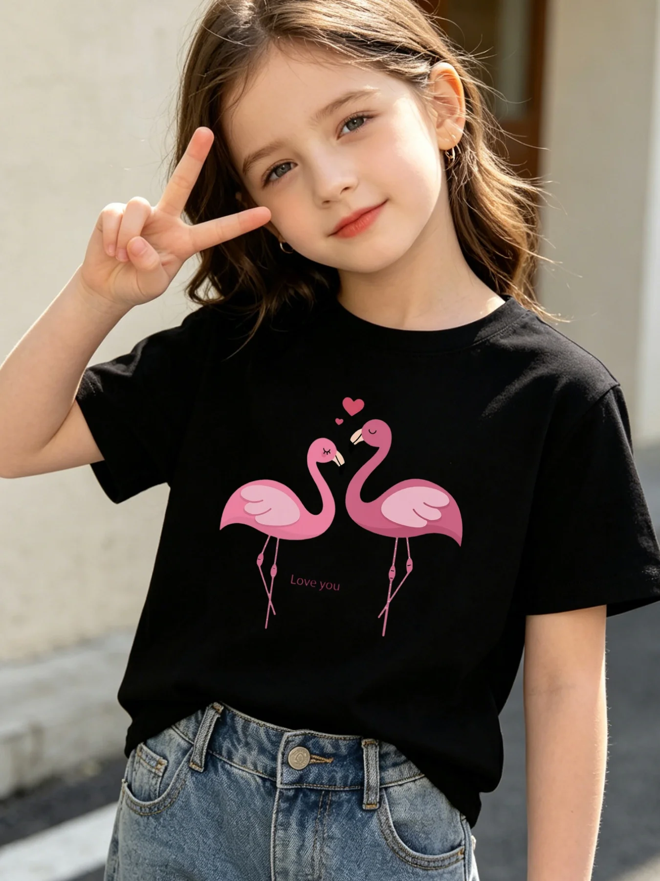 Parent Child Match T Shirt Pink Flamingo Heart Graphic Cotton Short Sleeve Tee Holiday Outfit For Girls Boys Kids Toddler Wear