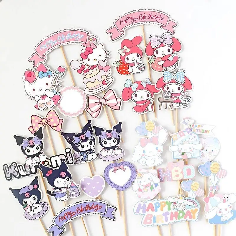 

Kawaii Sanrio Hello Kitty Cake Decoration Set Kuromi My Melody Cinnamoroll Birthday Cake Cartoon Diy Dessert Card Theme Party