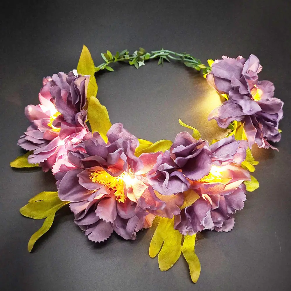 Women Girl Light up Headband LED Flower Crown Wreath Hair Accessories Luminous Glow Floral Headpiece Headdress Wedding Party