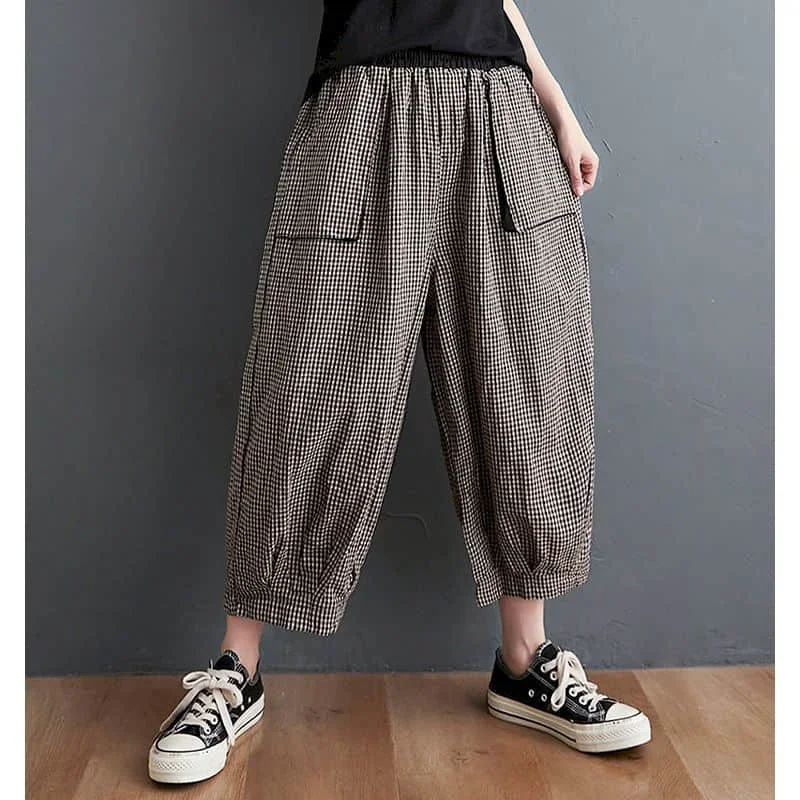 

Pop Cotton Linen Lantern Pants Women Summer Elastic Waist Loose Casual Women Korean Style Harajuku Vintage Trousers Women Clothi