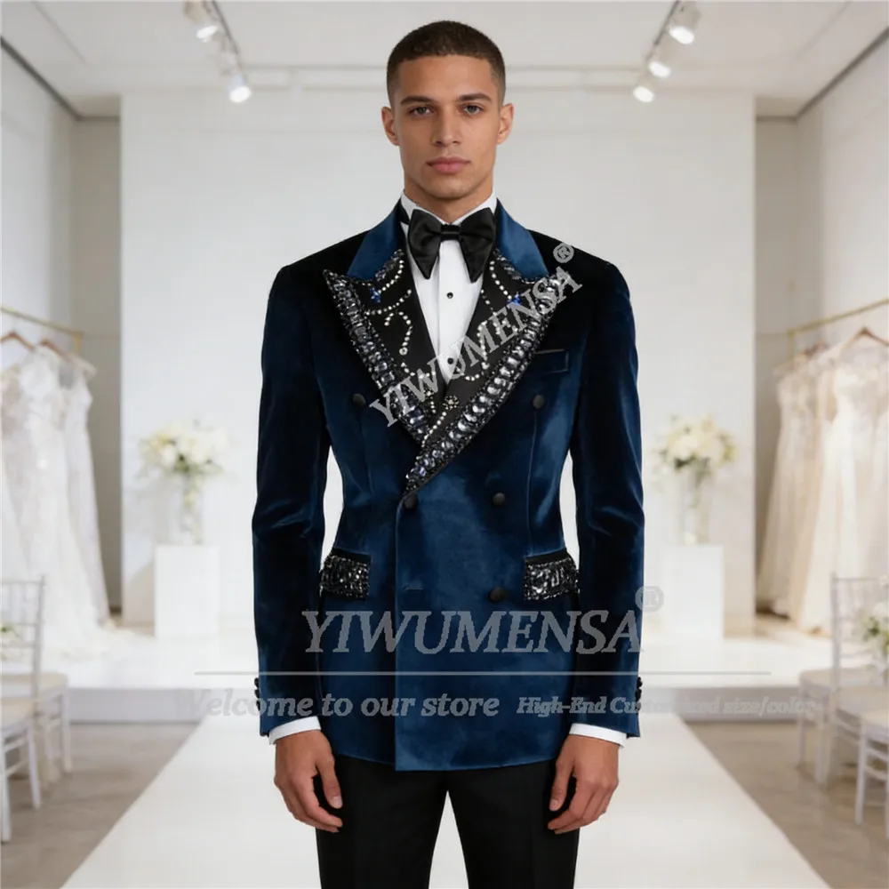 

Metallic Rhinestones Beaded Suits Men Double Breasted Prom Blazers Customized 2 Piece Groom Wedding Tuxedos Outfits Ropa Hombre