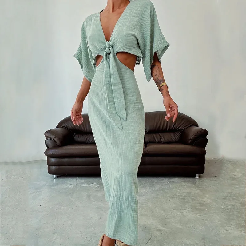 Robe longue Sexy, Slim, taille ouverte, col en v, découpée, dos nu, pour femmes, nouvelle collection été