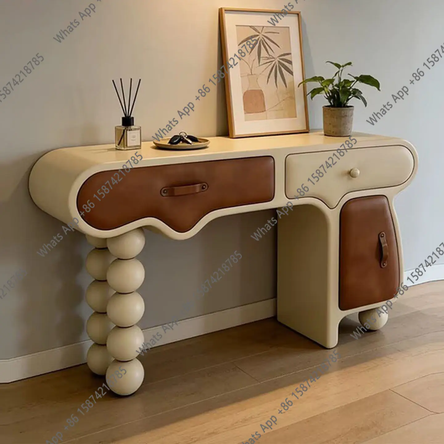 

Italian wooden special-shaped storage table designer villa luxury house leather creative dressing cabinet entrance foyer