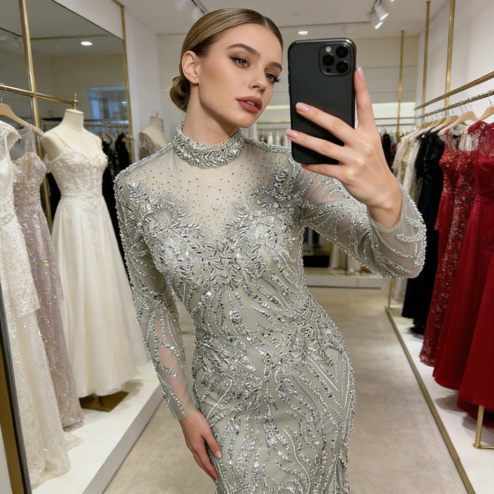 Elegant Muslim Bead Evening Dress for Women 2026 Luxury High Neck Long Sleeves Mermaid Formal Prom Wedding Party Gown Customized image 5