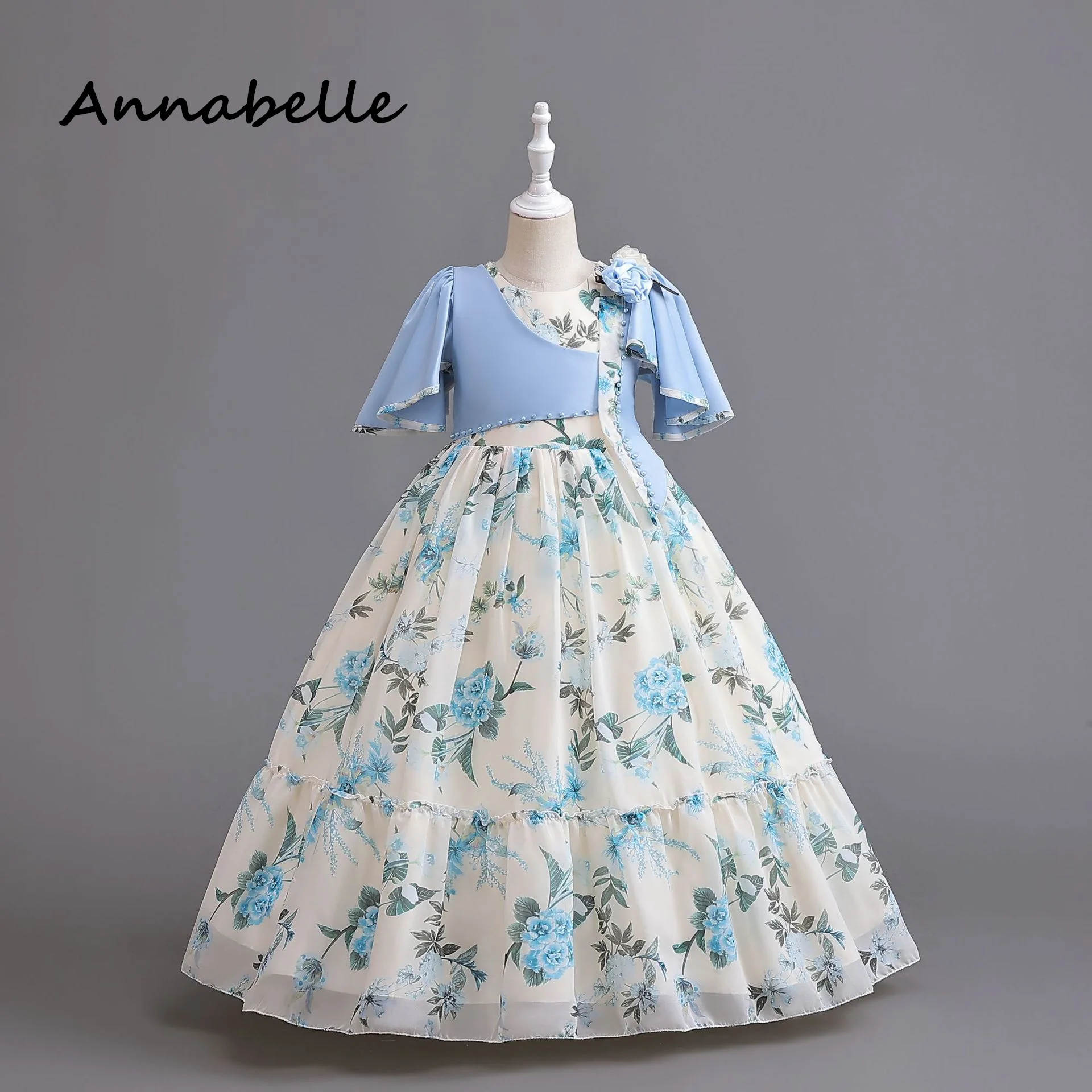 Annabelle Flower Baby Girl Bow Dress, Festa de casamento Vestidos Elegantes, Kids Puffy Baby Gala, Roupas de manga curta, Crianças