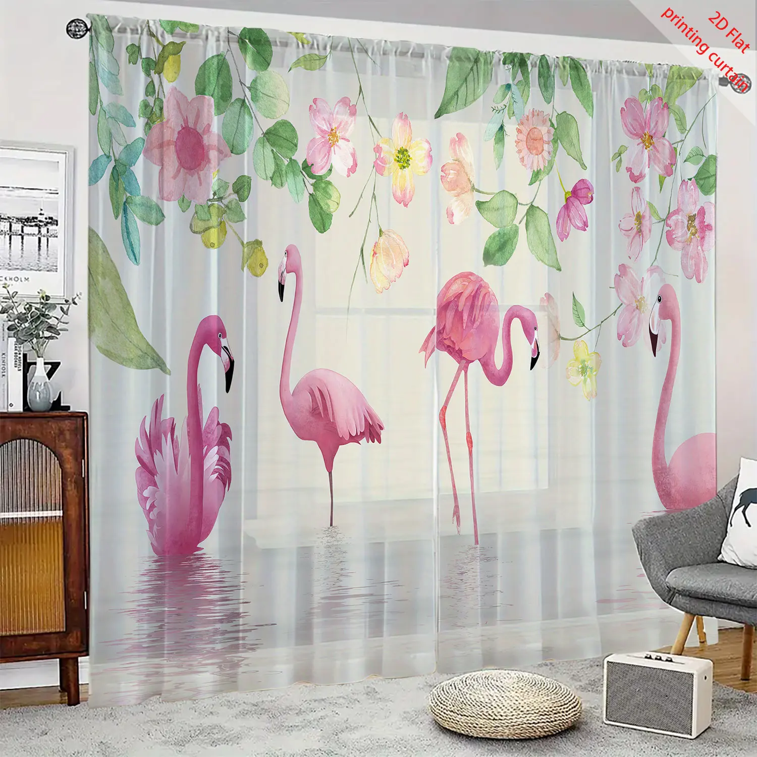 Flamingo printed transparent gauze curtain, romantic home decoration, suitable for living rooms, bedrooms, balconies, windows