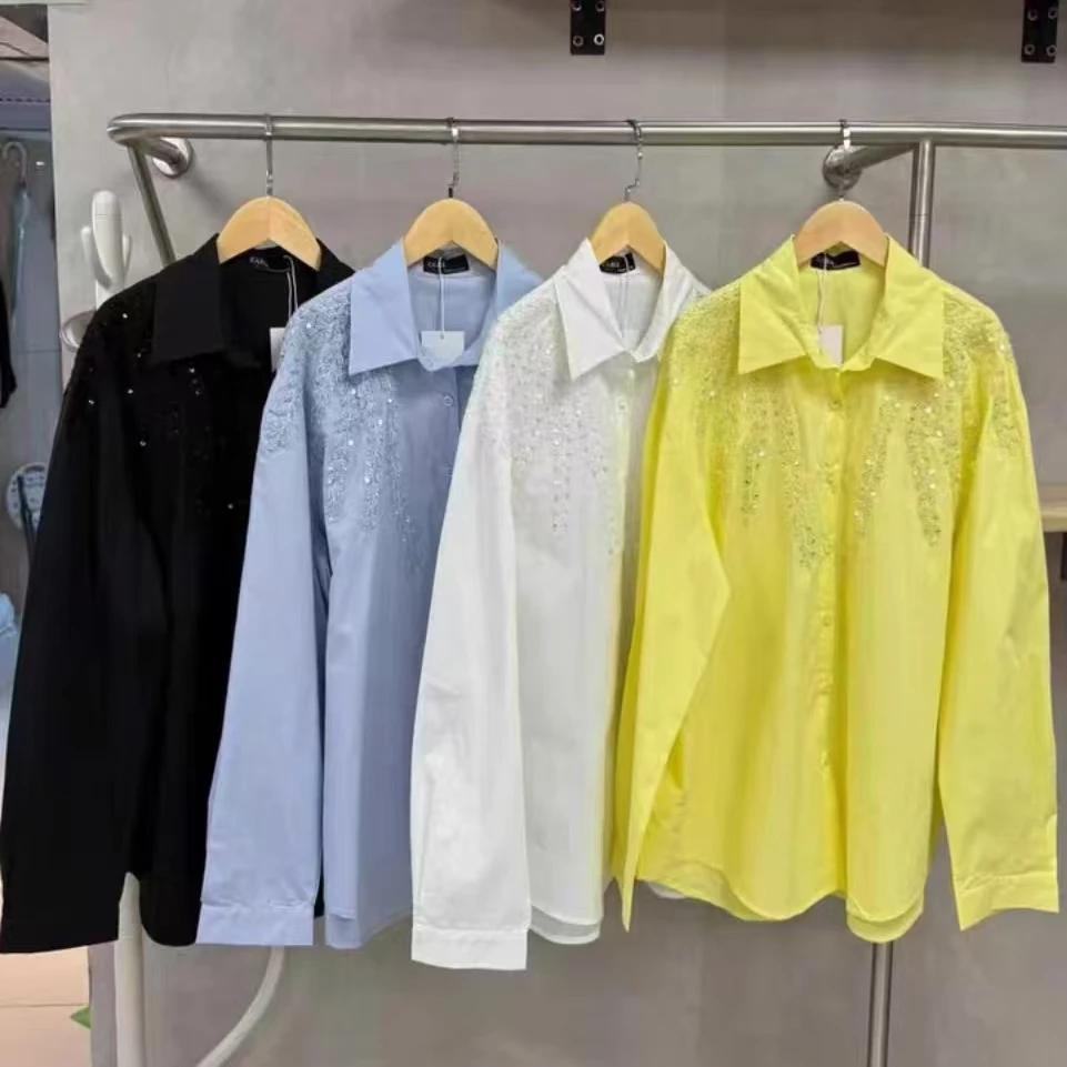 2026 ربيع خريف الاتجاه الجديد الترتر التطريز قمصان قطنية البلوزات للنساء كم طويل فضفاض بلايز عادية ملابس امرأة