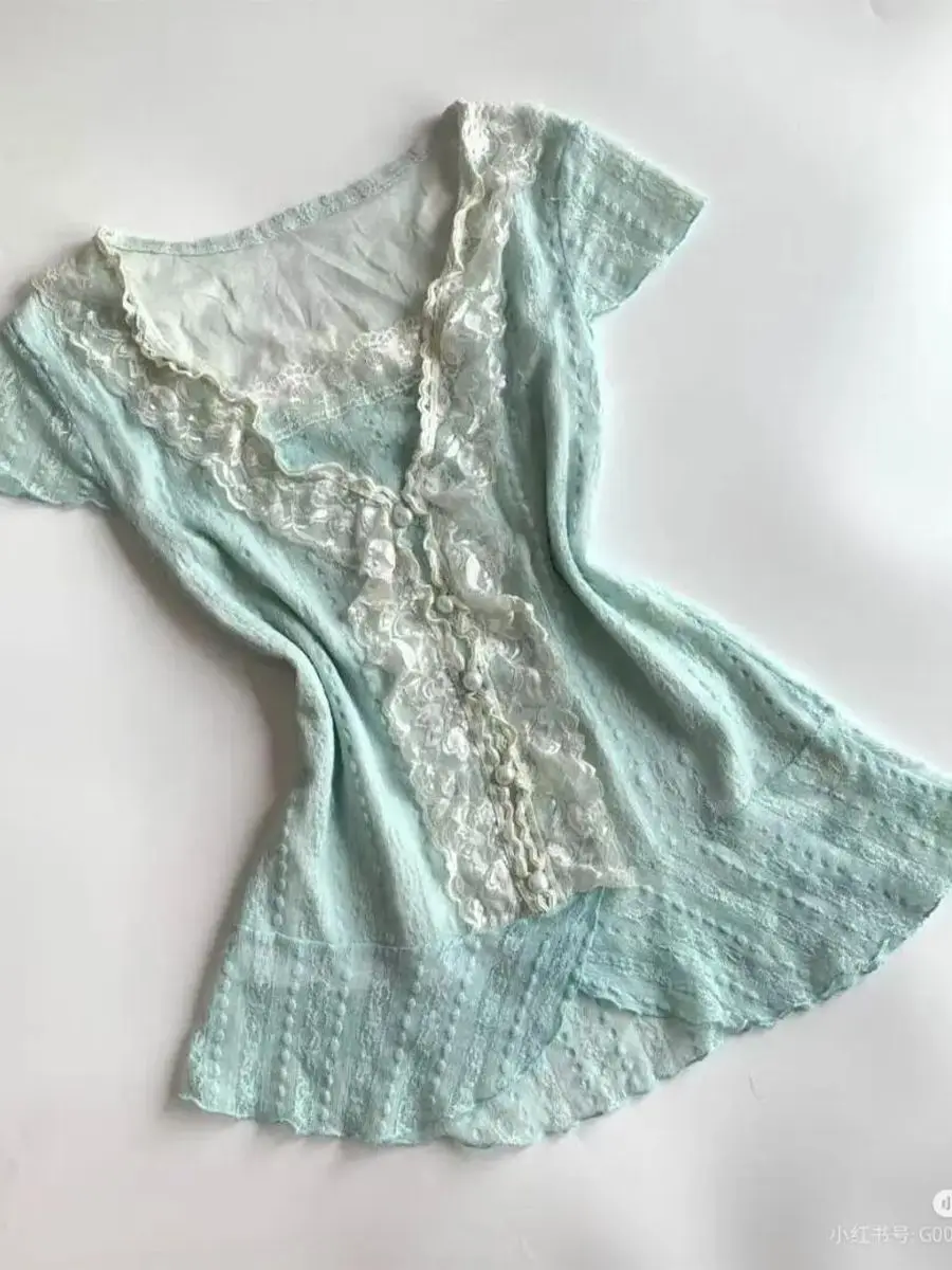 Y2k – ensemble 2 pièces Vintage en dentelle douce pour femmes, robes gothiques à plusieurs niveaux, coupe cintrée, Punk, robe courte, col en v, t-shirts d'été Sexy, robe basique