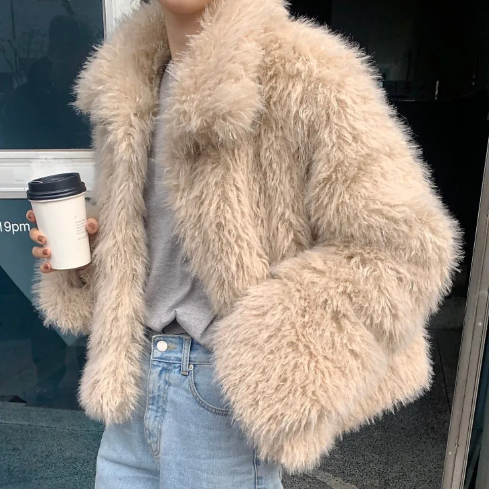 Elegancki płaszcz damski na jesień i zimę, ciepły, futrzany, w stylu retro, modny, prosty krój, długi płaszcz.