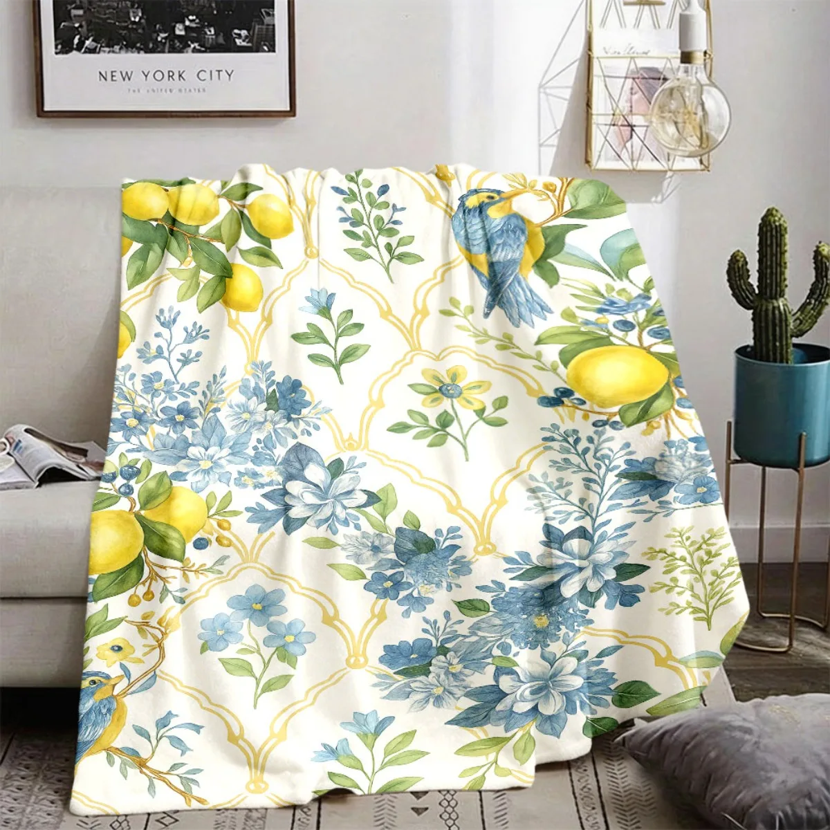 Clean White Backdrop Golden Frame Blue Flower Lemon Bird Fresh Mediterranean Pastoral Full Print Fluffy Blanket Couch Gift
