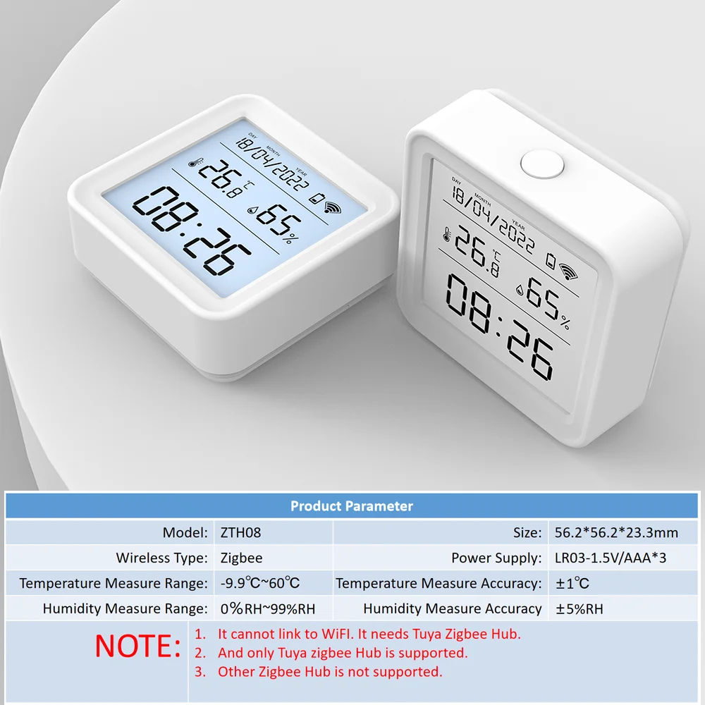 Tuya Zigbee Temperature Humidity Sensor LED Blacklight Screen for Smart Home Automation Works With Tuya Zigbee Hub GateWay