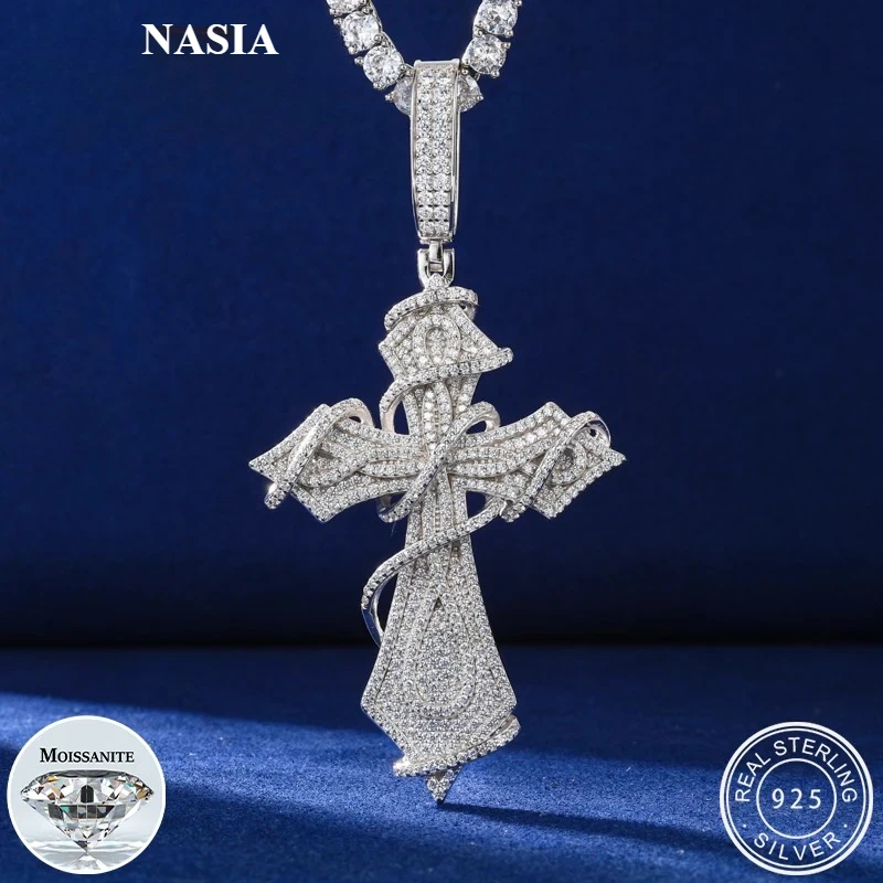 Collar con Colgante de Cruz de Espinas de Plata de Ley 925 Original NASIA para Mujer y Hombre, con Moissanita Color D Brillante, Collares Exquisitos 2026