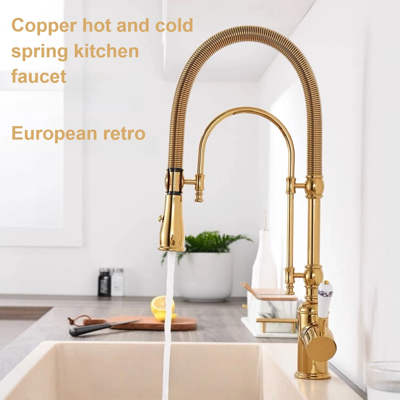 All Copper Gold Spring Pull Down Kitchen Sink Faucet Hot & Cold Mixer Crane Tap with Dual Spout Deck Mounted Hot Cold Faucets