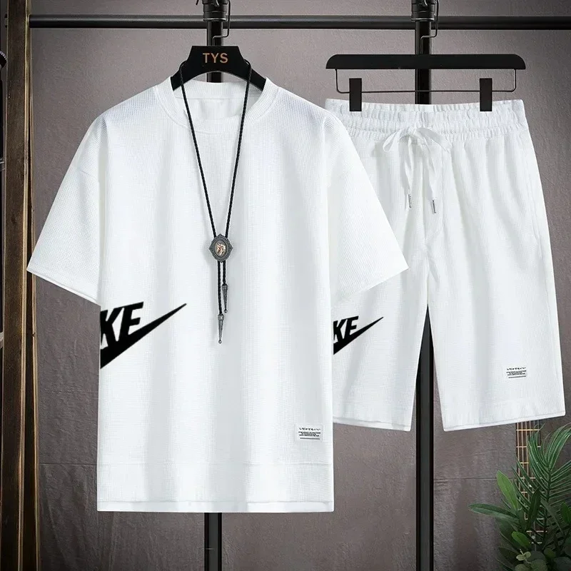 2025 Sports fashion casual men's suit summer Korean men's short-sleeved T-shirt + five-point shorts two-piece set