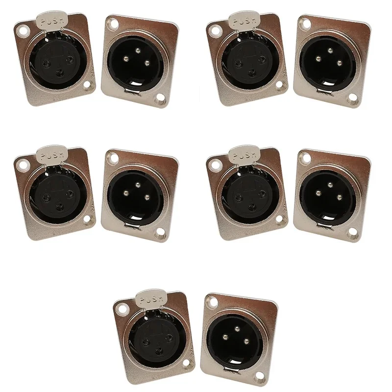 10Pcs 3 Pin XLR Male Female Panel Mount Chassis Plug Jack Socket Connector Microphone MIC Cable Terminal Metal Housing Silver