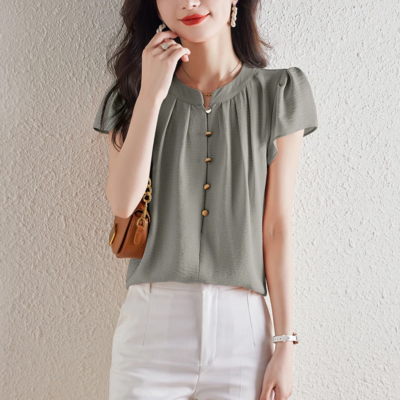 Damen Vintage Mode gekräuselte schlanke Bluse 2024 Sommer Büro Dame elegante Pendel hemden solide o Hals Kurzarm Tops Blusas