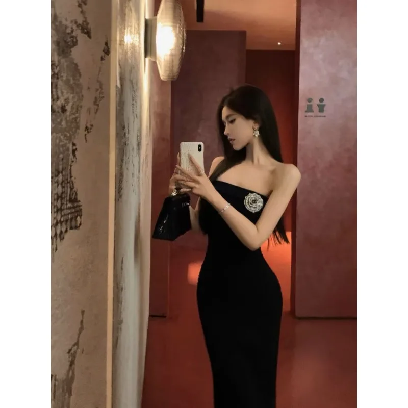 Tridimensional diamante flor tubo vestido superior novo estilo ladylike temperamento figura-mostrando saia longa de fundo