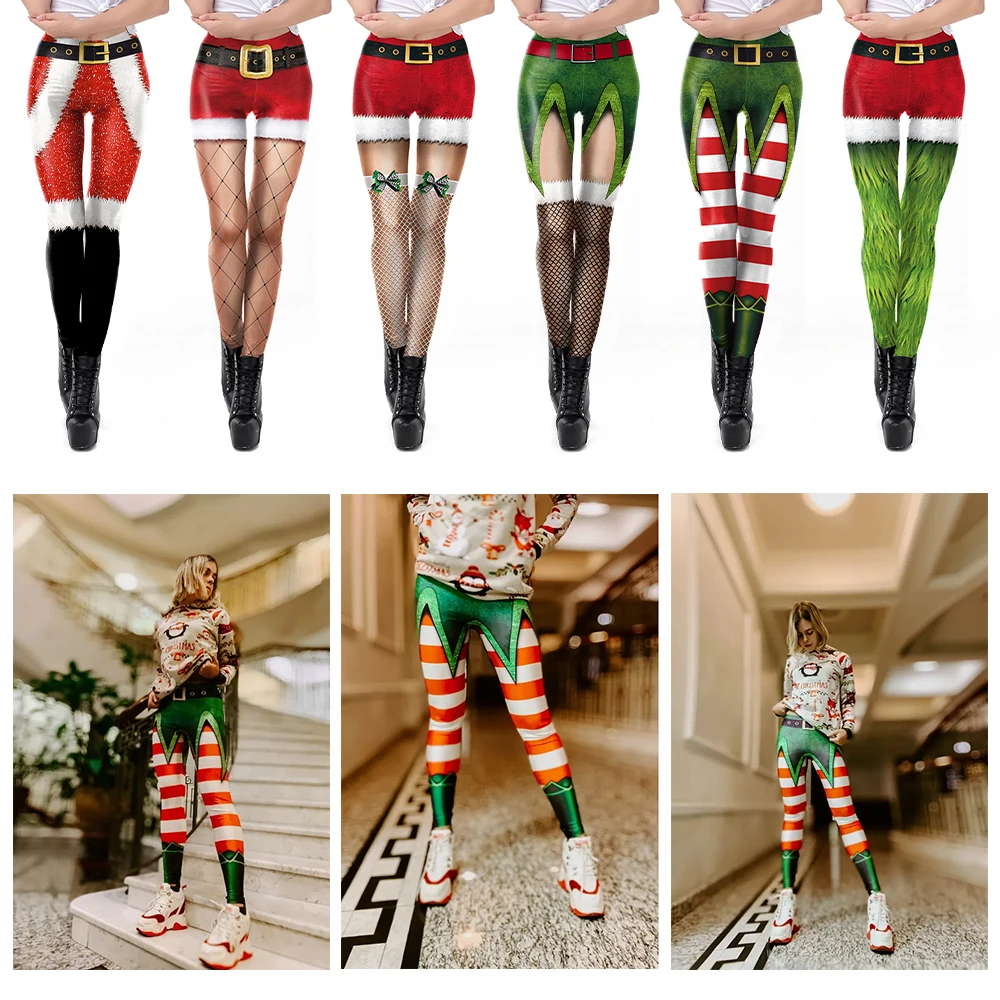 [You're My Secret]Stretchy Christmas Leggings for Women Striped Capri Workout Printed Fitness Pants Xmas Party Cosplay Clothing