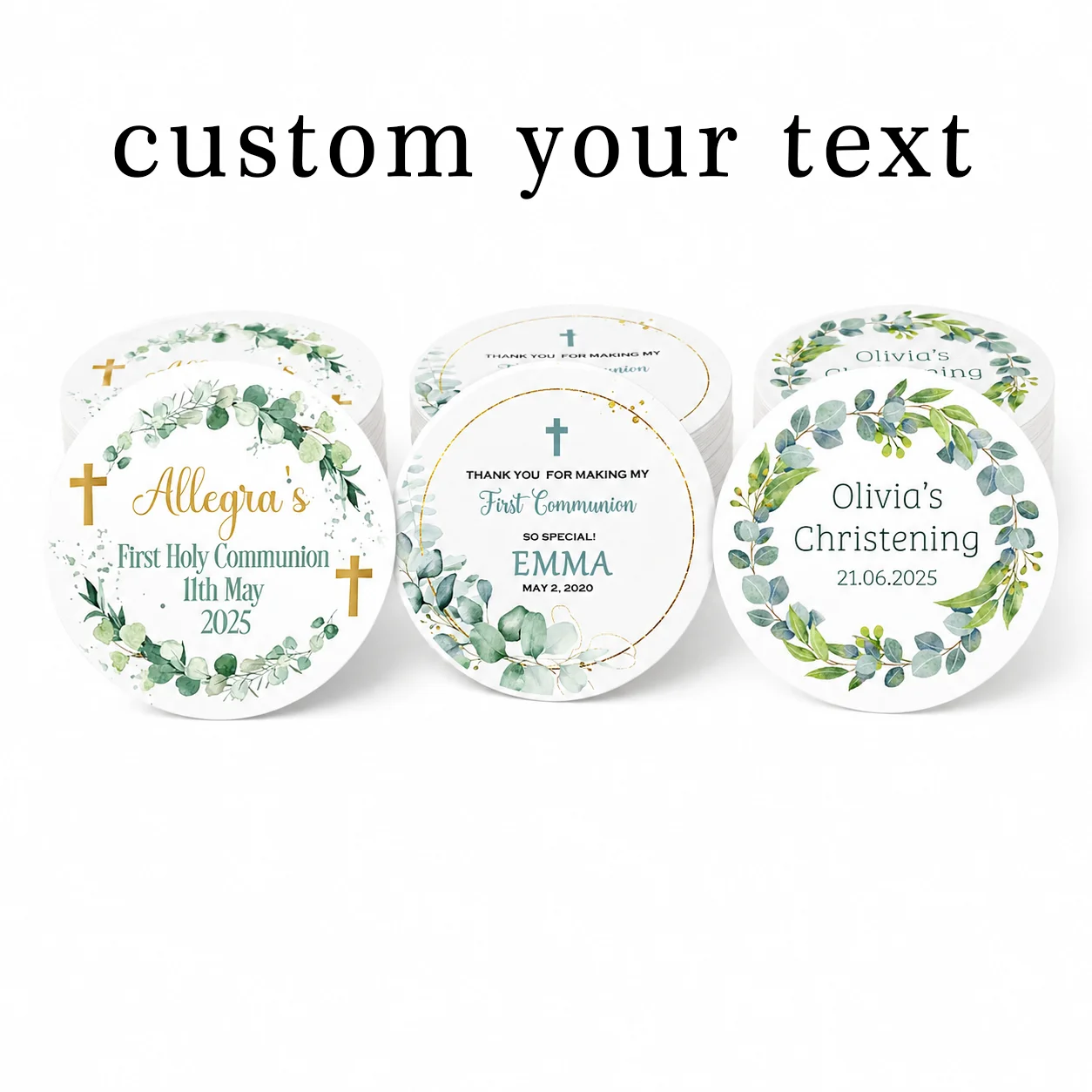 Pegatinas personalizadas de hojas verdes para bodas, comuniones y bautizos, con la opción de añadir nombres, fechas y otros textos. Etiquetas de regalo y tarjetas de regalo personalizables para bautizos, adecuadas para bautizos, comuniones, decoración de fiestas y otras aplicaciones de pegatinas.