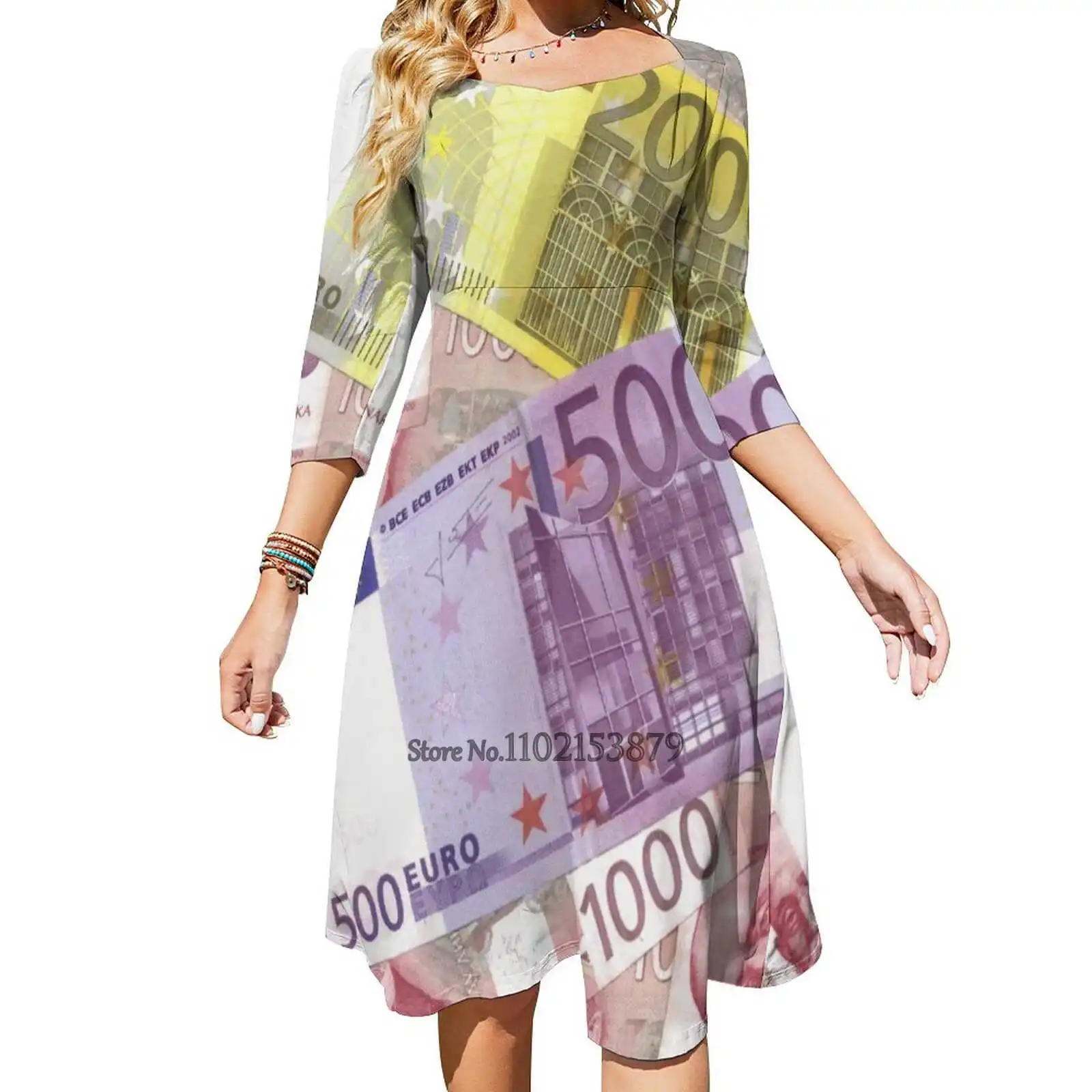 Euros 2 Back Lacing Backless Dress Square Neck Dress Fashion Design Large Size Loose Dress Money Euro Euros Banknotes Currency