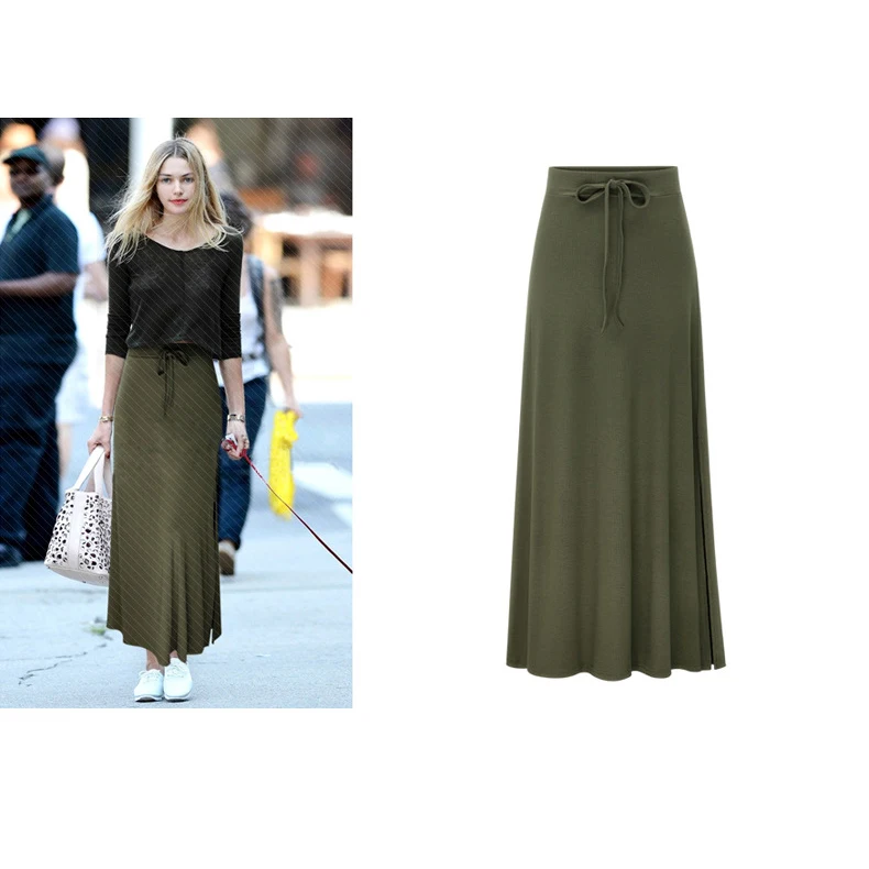 Women High Waist Drawstring Maxi Skirt Solid Color Side Split Flared Long Skirt Casual Daily Streetwear Bottoms