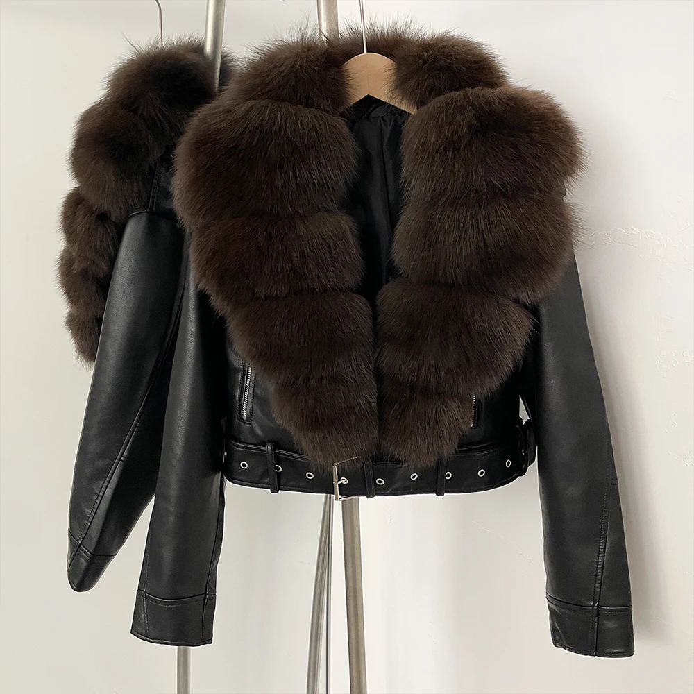 Fake Leather Coat New Natural Fox Fur Autumn Short Faux Leather Jacket Female Spring PU Women Long Sleeve Real Fur Coat Thin