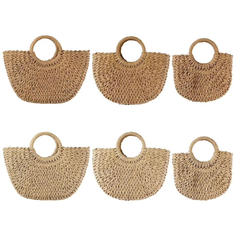 Fashion Hand Woven Straw Woven Handbag Large Tote Crossbody Shoulder Hand Woven Bag Boho Half-Moon Hollow Out Rattan Beach Bag