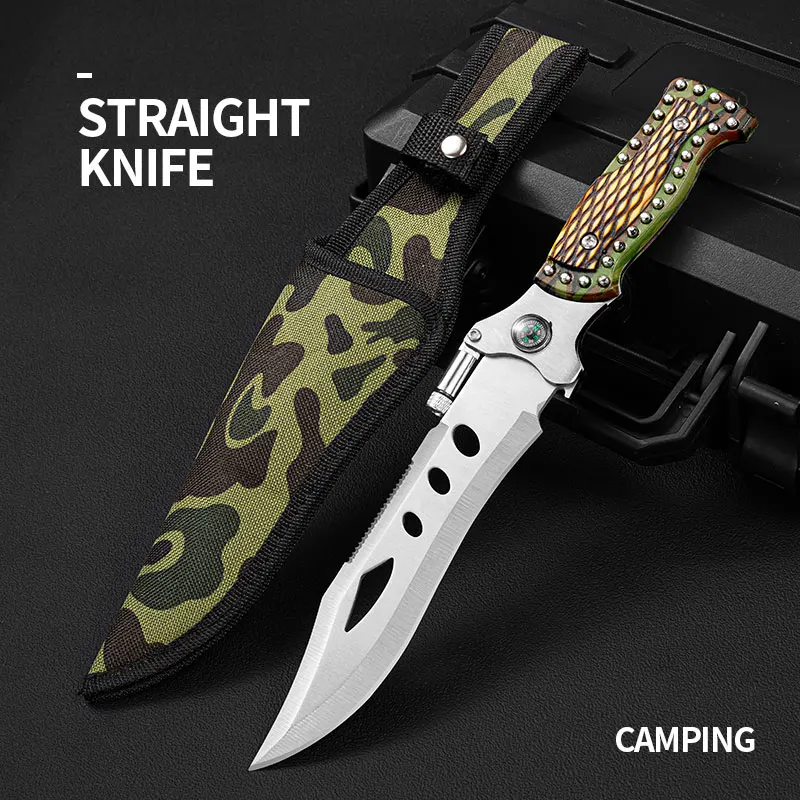 With Emergency Light Compass Field Survival Knife, High Hardness Hunting Knife, EDC Fixed Blade, Self-Defense Knife