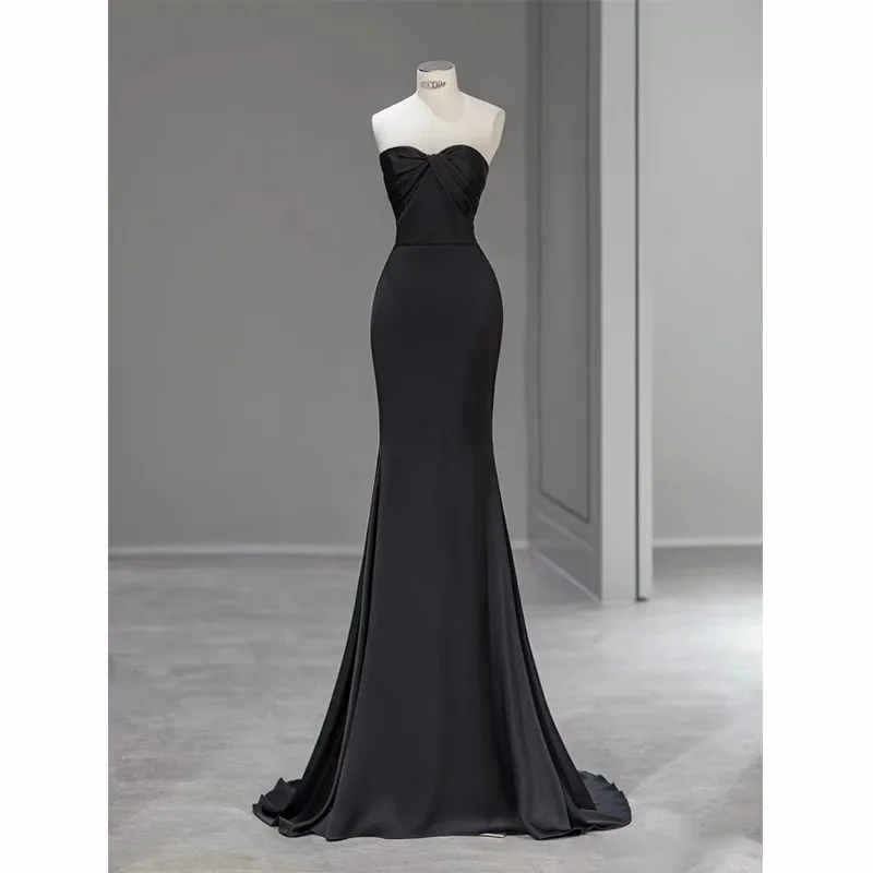 

Ele Bla Strapl Evening Gown Satin Fi Tail Skirt Simple Design Formal Par Host Dr Long Svel mid Waist