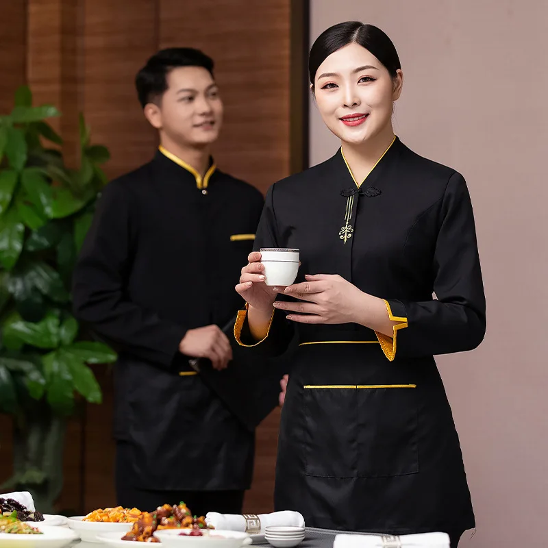 Garçom de jantar feminino, gerente do lobby, panela quente do restaurante chinês, roupa de trabalho da casa de chá, manga comprida