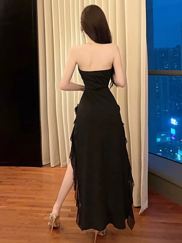 Kimotimo Women Dress Sexy Patchwork Mesh Strapless Irregular Waist Ruffled Split Black Dresses 2024 Fashion Night Party Vestidos